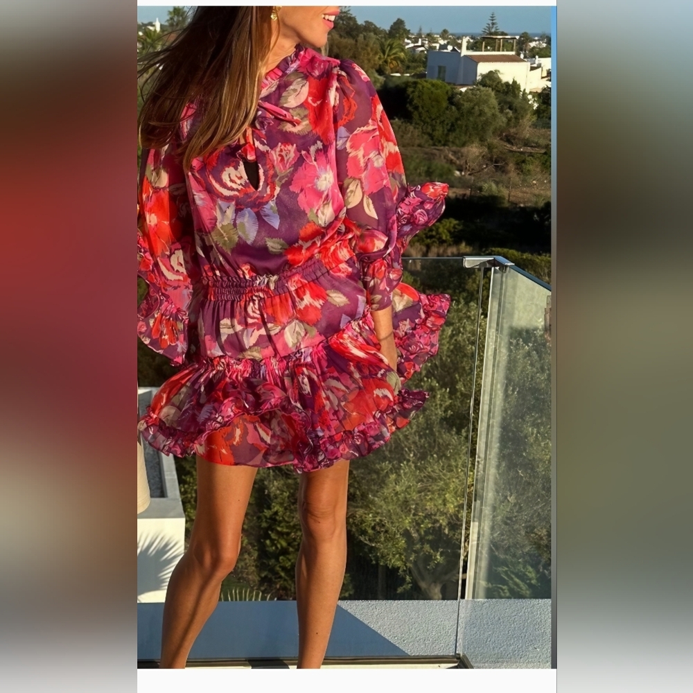 Misa Los Angeles Ximena Vibrant Pink & Purple Cinched Waist Ruffled Sheer Mini - Picture 7 of 7
